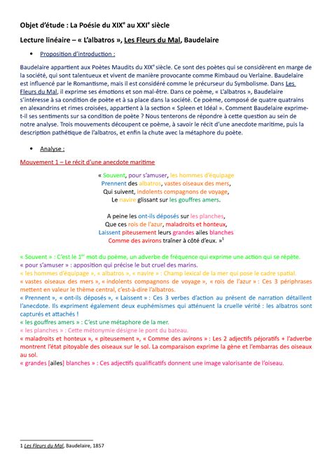 Analyse linéaire Poème L Albatros de Baudelaire Objet détude