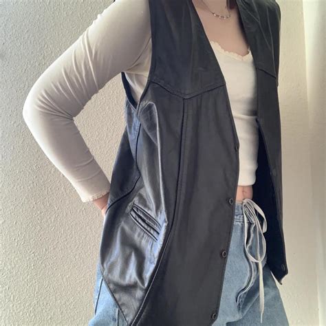 Vintage Branded Leather Black Leather Vest With Depop