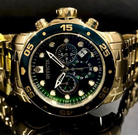 Invicta Mens Pro Diver Scuba Chronograph Green Dial 18Kt Gold Plated