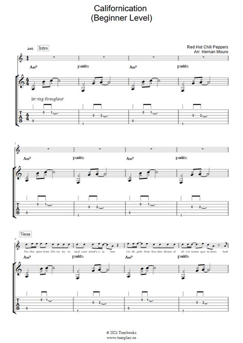 Californication Beginner Level Red Hot Chili Peppers Guitar Tabs And Sheet Music
