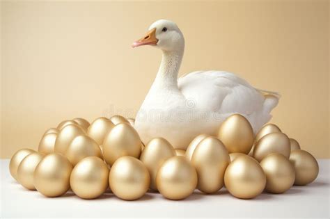 Goose Laid Lots Of Golden Eggs On Solid Light Color Background AI