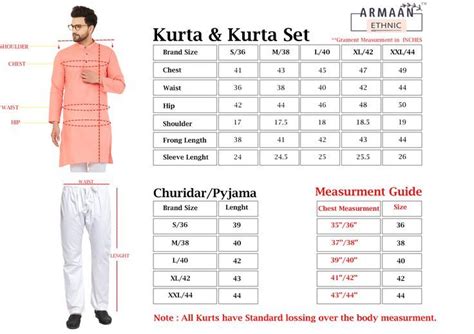 Armaan Ethnic Size Chart For Kurta Pajama