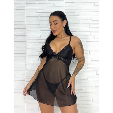 Camisola Calcinha Tule Liso Transparente Lingerie Renda Linha Noite Costas Abertas Moda Intima