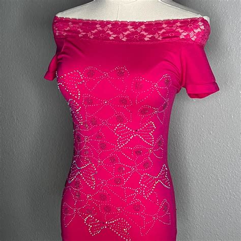 Hot Pink Off Shoulder Top With Rhinestone Bows Depop