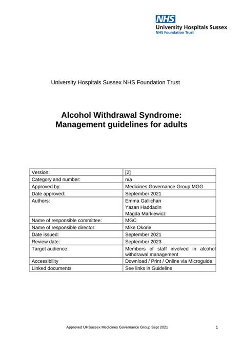 PDF Alcohol Withdrawal Syndrome Management Guidelines For Adults