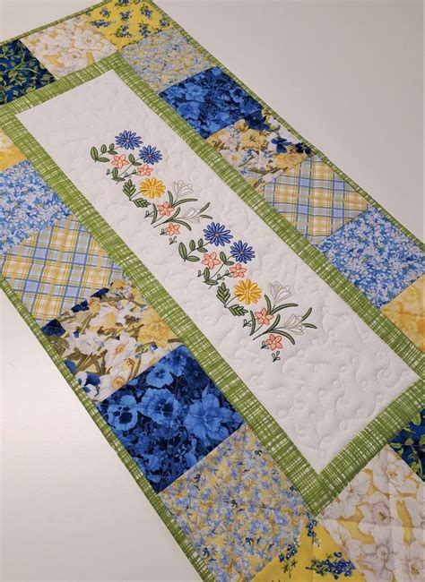 Spring Quilted Table Runner With Floral Embroidery Blue And Etsy In 2021 Spring Quilts