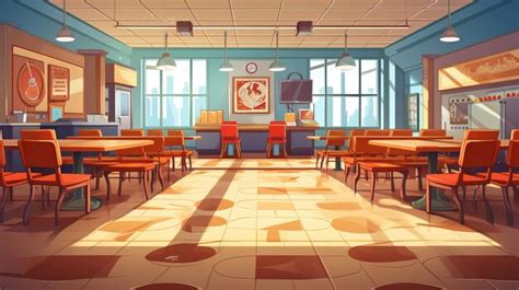 Premium Photo | School cafeteria with tables chairs and a serving area ...