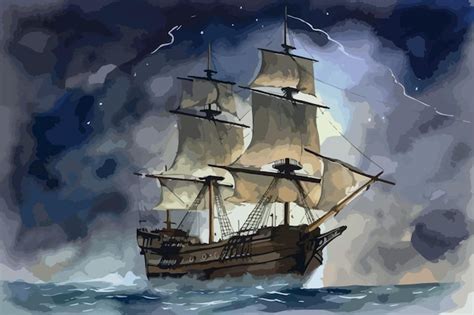 Premium Vector Pirate Ship Sailing During A Storm Fantasy Galleon