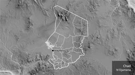 Forma De Chad Con Fronteras Regionales Escala De Grises Etiquetas