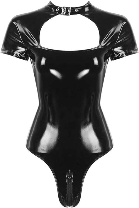 Feeshow Damen Wetlook Body Kurzarm Bodysuit Ouvert Stringbody Lack