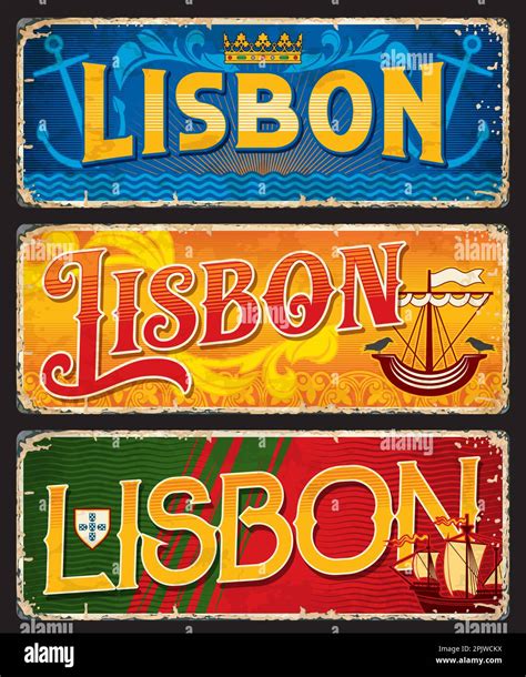 Lisbon Travel Stickers And Plates With Vector Heraldic Symbols Of