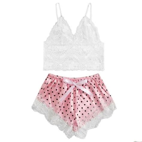 Femmes Satin Dentelle Imprimé Camisole Soutien Gorge Short Arc Vêtements De Nuit Pyjama Lingerie