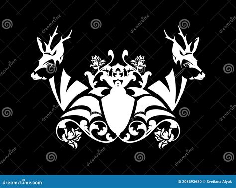 Two Roe Deer Stags With Rose Flowers And Heraldic Shield Vector