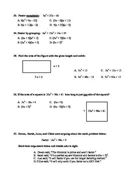 Algebra Multiple Choice Test Unit 8 Multiplying And Factoring Polynomials