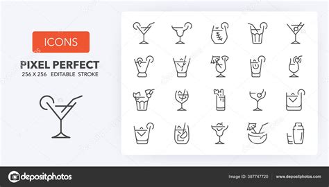 Classic Alcoholic Cocktails Cocktail Glasses Thin Line Icon Set Outline