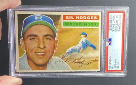 1956 Topps Gil Hodges 145 Gray Back PSA 8 Dodgers HOF New Label Low