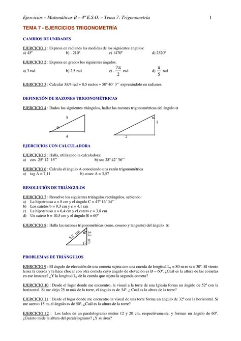 Ejercicios Trigonometria Tema 7 Ejercicios TrigonometrÍa Cambios De Unidades Ejercicio 1