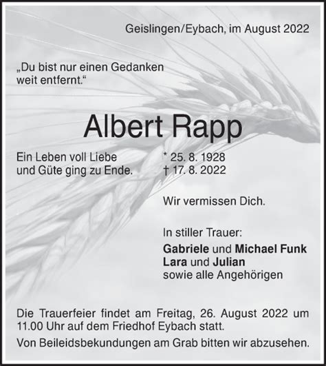 Traueranzeigen Von Albert Rapp S Dwest Presse Trauer