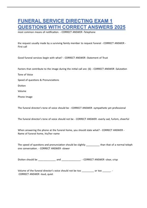 FUNERAL SERVICE DIRECTING EXAM 1 QUESTIONS WITH CORRECT ANSWERS 2025