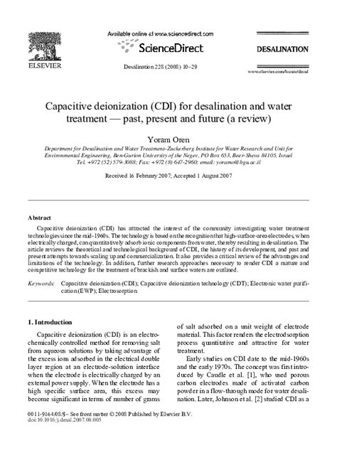 Pdf Capacitive Deionization Cdi For Desalination And Water