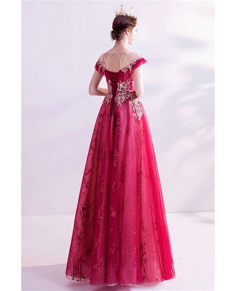 Red Tulle Aline Prom Dress With Bling Sequins Illusion Neckline