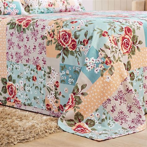 Kit Cobre Leito Colcha Casal 3 Peças Arezzo Piquet Floral Patchwork