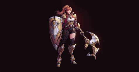 Download Ponytail Orange Hair Woman Warrior Axe Shield Weapon Fantasy