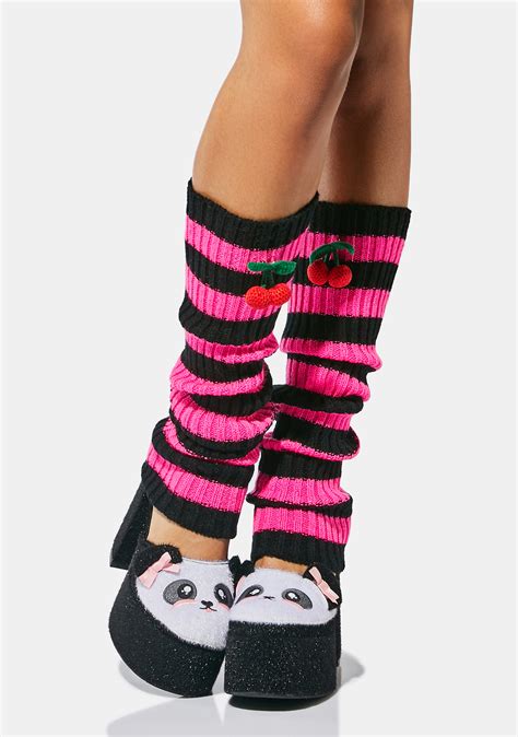 Striped Knit Cherry Pom Pom Leg Warmers Pinkblack Dolls Kill