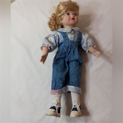 Toys Vtg Porcelain Doll In Overalls With Beautiful Curly Blonde Hair Blue Eyes Poshmark