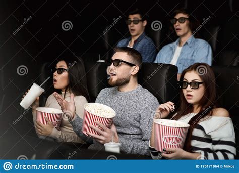 Terrified Audience in 3D Glasses on Scary Movie Premiere in Cinema ...