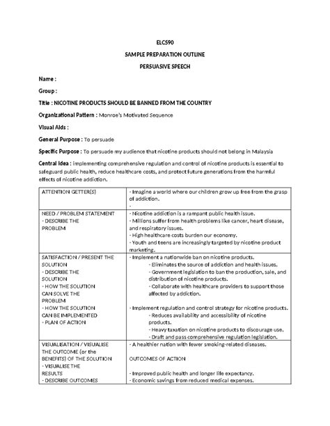 Persuasive Speech Outline Elc Sample Preparation Outline Persuasive