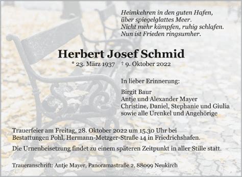 Traueranzeigen Von Herbert Josef Schmid Schwaebische De Trauerportal