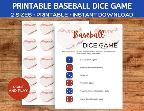 Printable Baseball Dice Game Baseball Party Activity Baseball