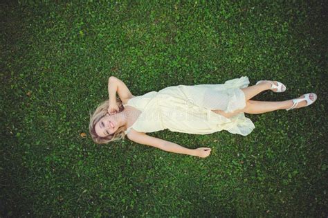 Beautiful Young Woman Lying On The Grass Fresh Natural Summer Concept