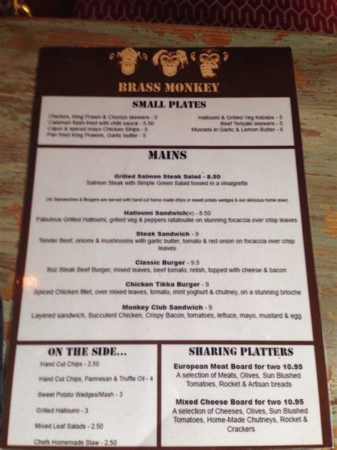 Menu At Brass Monkey Pub And Bar Liverpool 35 School Ln