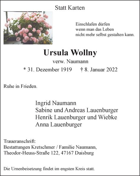 Traueranzeigen Von Ursula Wollny Trauer In Nrw De