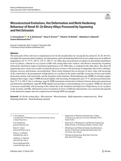 PDF Microstructural Evolutions Hot Deformation And Work Hardening Behaviour Of Novel Al Zn