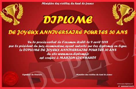 Diplome De Joyeux Anniversaire Pour Tes 30 Ans