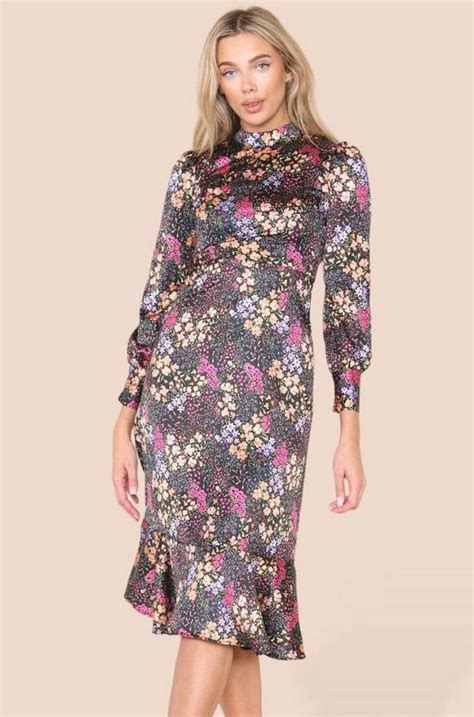 Dresses Ditsy Floral Print Frilled Hem Satin Bodycon Midi Dress