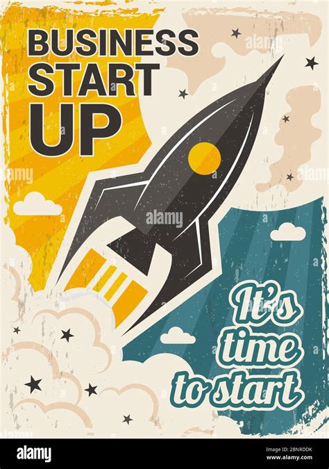 Vintage Startup Poster Business Launch Concept With Rocket Or Space