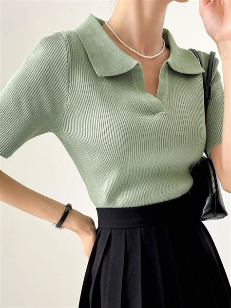 Dazy Polo Neck Ribbed Knit Top Shein Usa