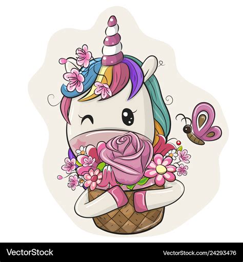 Cartoon Unicorn With Flowers On A White Background