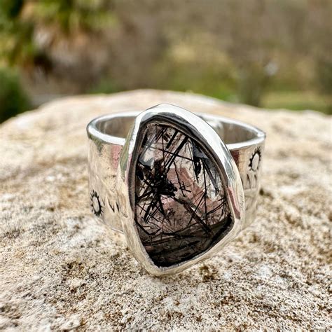 Black Tourmalinated Quartz Sterling Silver Ring Quartz Ring Boho