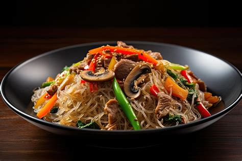 Premium Ai Image Japchae Or Stir Fried Korean Vermicelli Noodles With