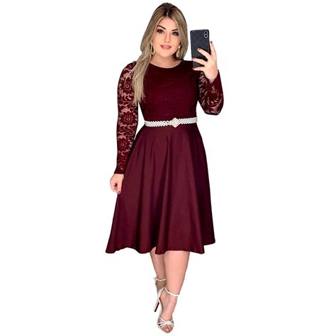 Vestido Renda Manga Longa Midi Gode Evangélico Bordo Submarino