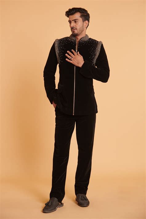 Buy Black Velvet Embroidery D Crystal Bandhgala Set For Men By