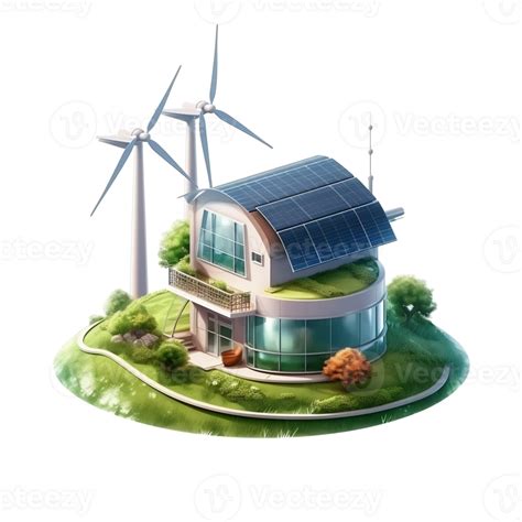 Green Eco Friendly House Concept With Solar Energy Panel And Wind