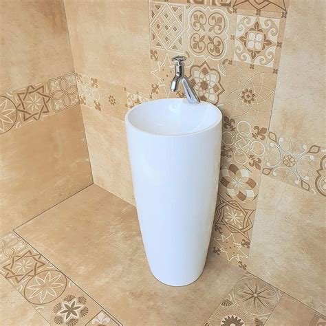 Wall Mounted White Brown Printed Ceramic Pedestal Wash Basin For