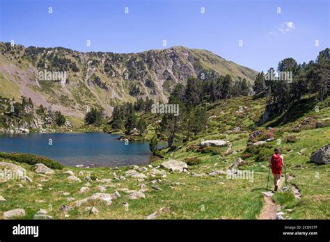 France, Hautes Pyrenees, lakes of Bastan, hiker along one of the lakes in the middle of Bastan ...