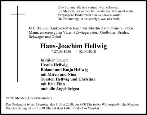 Traueranzeigen Von Hans Joachim Hellwig Trauer In NRW De